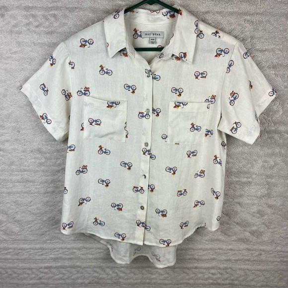 RAE DUNN Bicycle Flowers in Basket Linen Button Up Shirt Medium Novelty Print - Picture 14 of 16